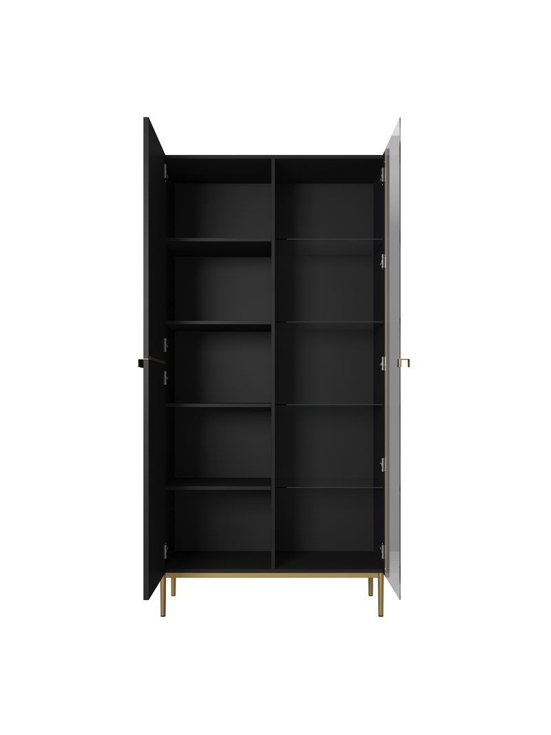 Vitrină Nicole 100 cm negru mat cu fațadă rigată și picioare aurii, vedere interior