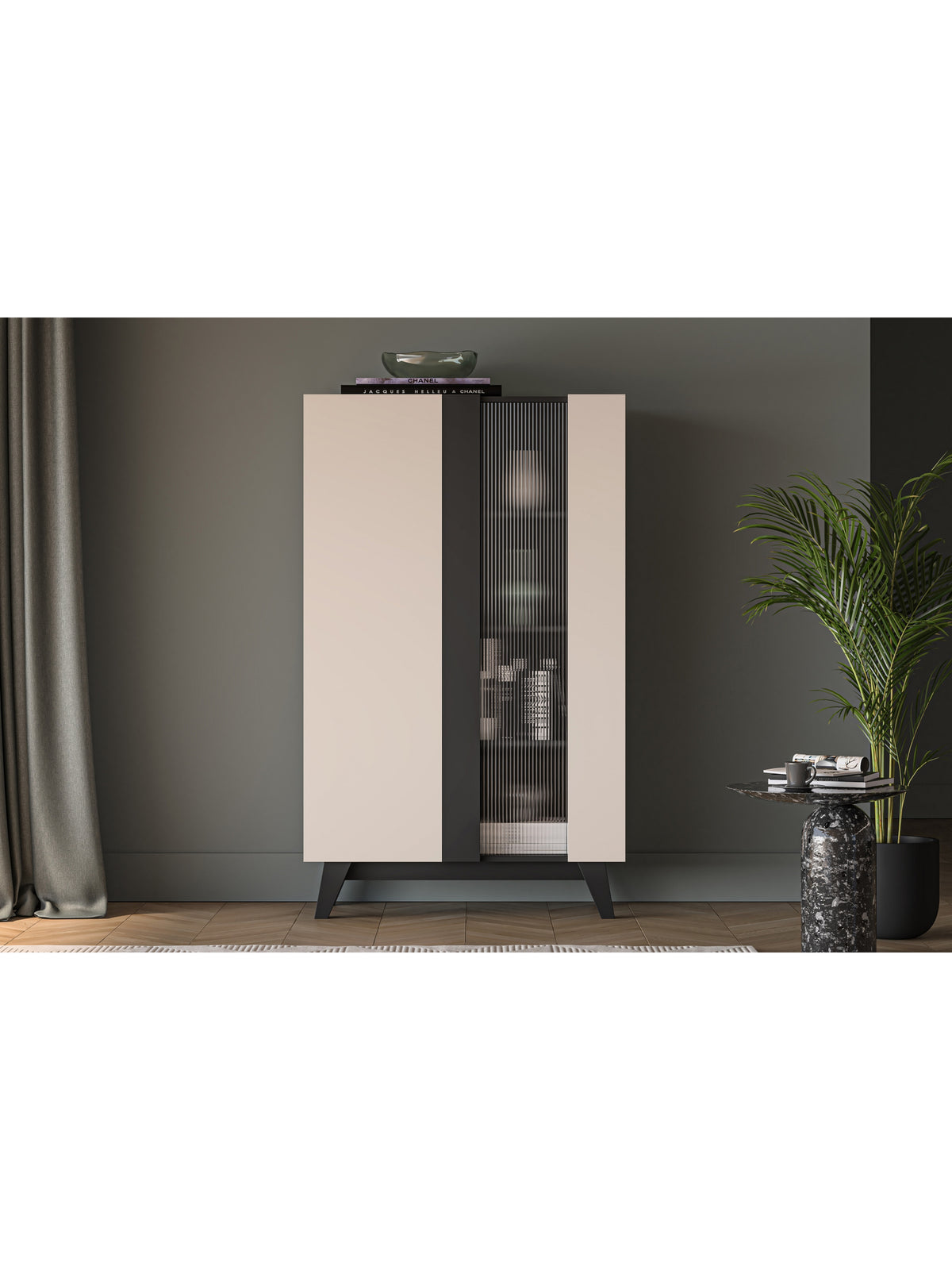 Vitrină Salio 95 cm cu două uși casmir negru cu front din sticlă ornamentată
