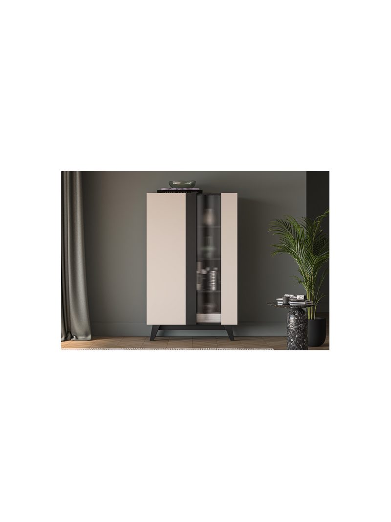 Vitrină Salio 95 cm cu două uși casmir negru cu front din sticlă ornamentată