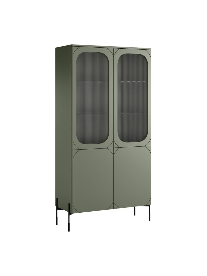 Vitrină Sonatia 100 cm cu patru uși, culoare măslinie, front mat și rafturi din sticlă
