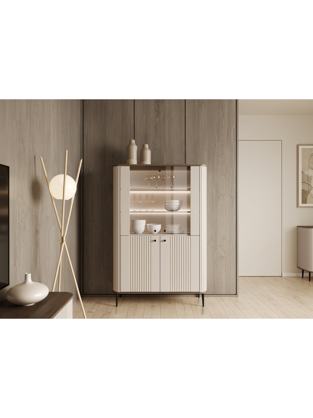 Witryna Vesper 103 cm cu patru uși - cașmir / nuc / negru Picioare