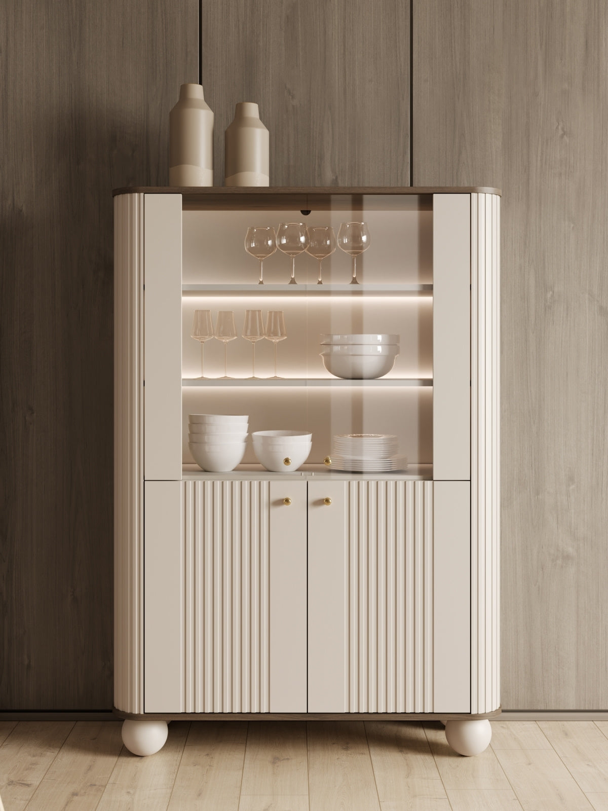 Witryna Vesper 103 cm cu patru uși - cașmir / nuc / zlote Mânere / Picioare kule