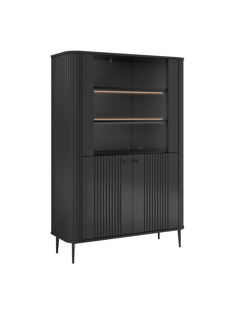 Vitrină Vesper 103 cm neagră cu patru uși și picioare metalice negre, față striată