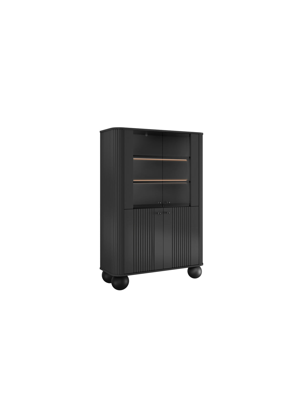 Vitrină Vesper neagră, 103 cm, cu patru uși, mânere negre și picioare rotunde