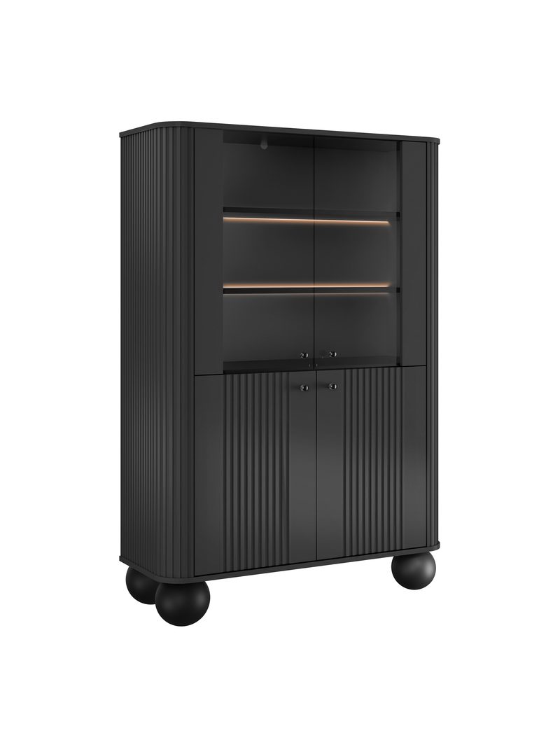 Vitrină Vesper neagră, 103 cm, cu patru uși, mânere negre și picioare rotunde