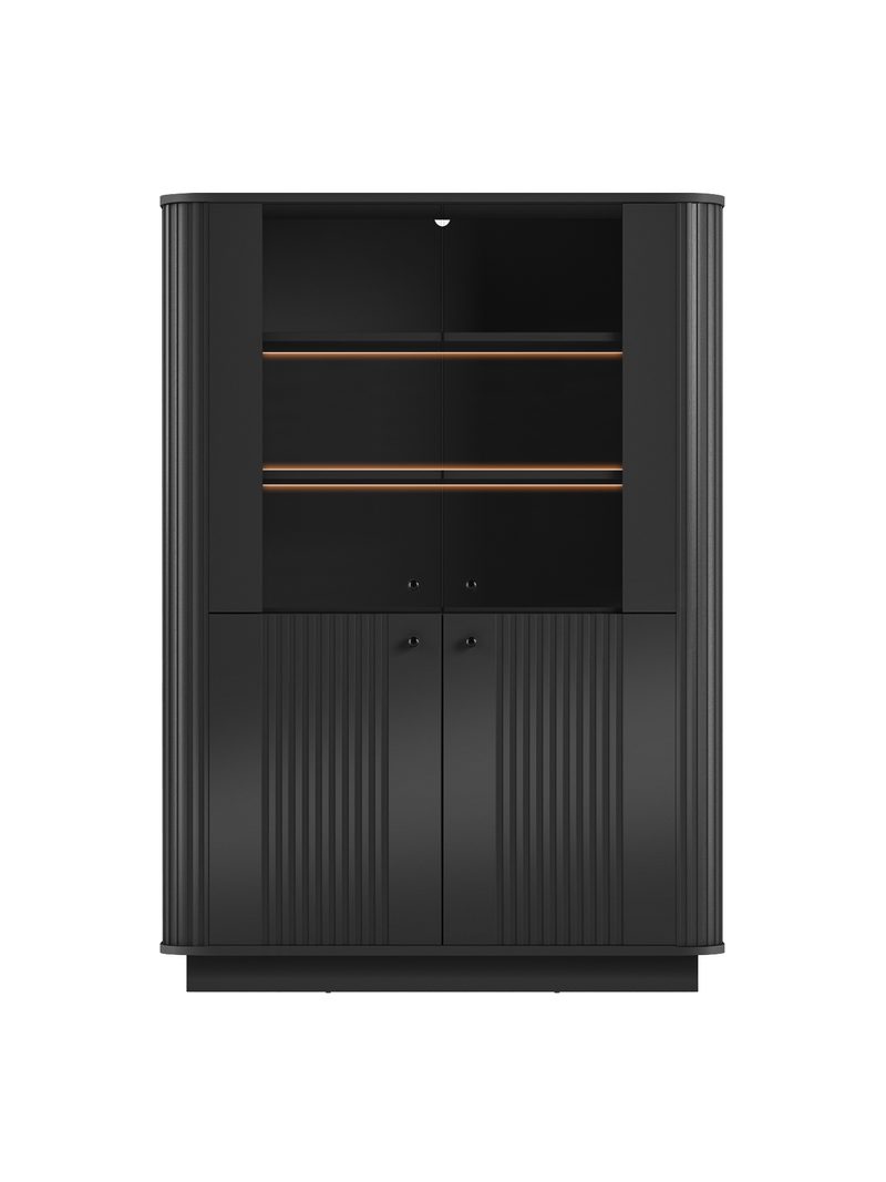 Vitrină neagră Vesper 103 cm cu patru uși și front cu caneluri, mânere negre