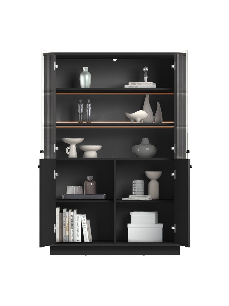 Vitrină neagră Vesper 103 cm cu patru uși, fronturi rigate și mânere metalice