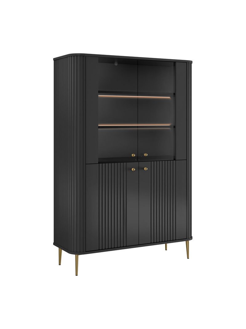 Vitrină Vesper 103 cm neagră cu patru uși, picioare aurii și fronturi rigate