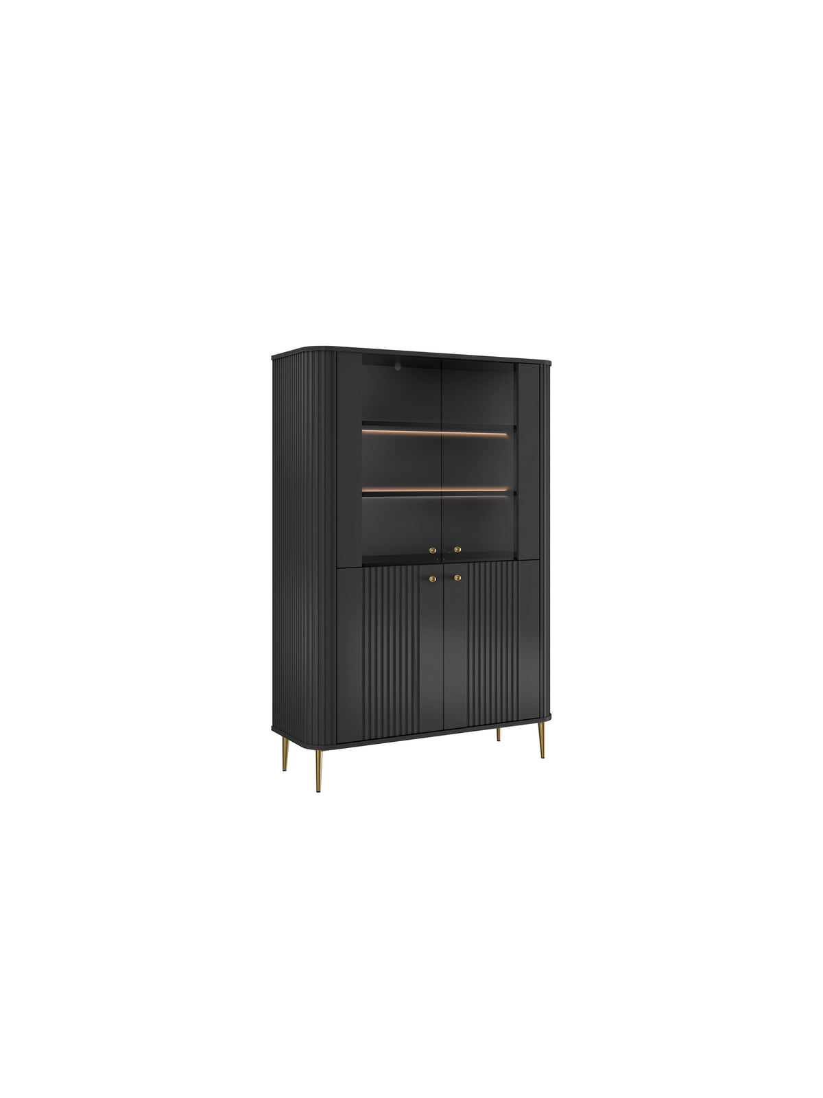 Vitrină Vesper 103 cm neagră cu patru uși, picioare aurii și fronturi rigate