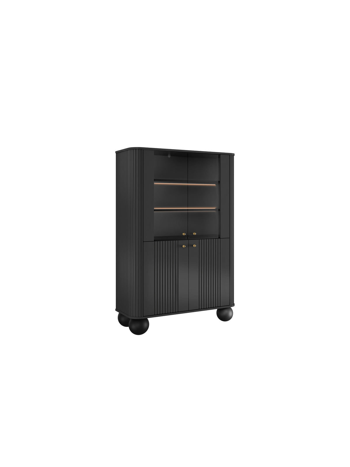 Vitrină neagră Vesper 103 cm cu patru uși, fronturi striate și mânere aurii