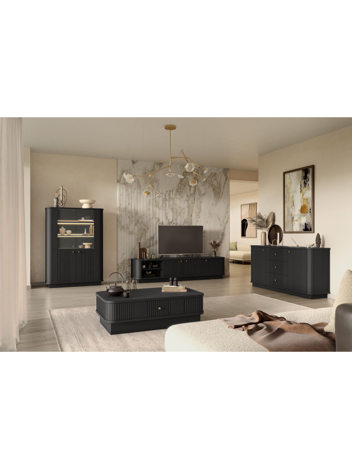 Vitrină neagră Vesper 103 cm cu patru uși și mânere aurii, fronturi striate