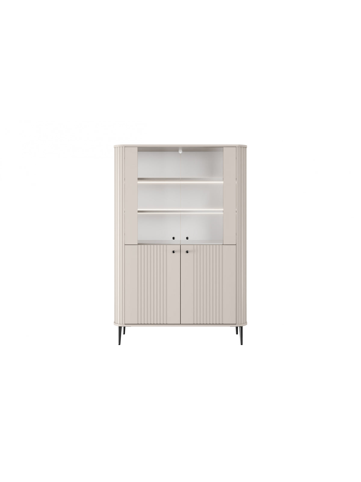 Vitrină Vesper 103 cm cu patru uși casmir și picioare negre, cu front nervurat