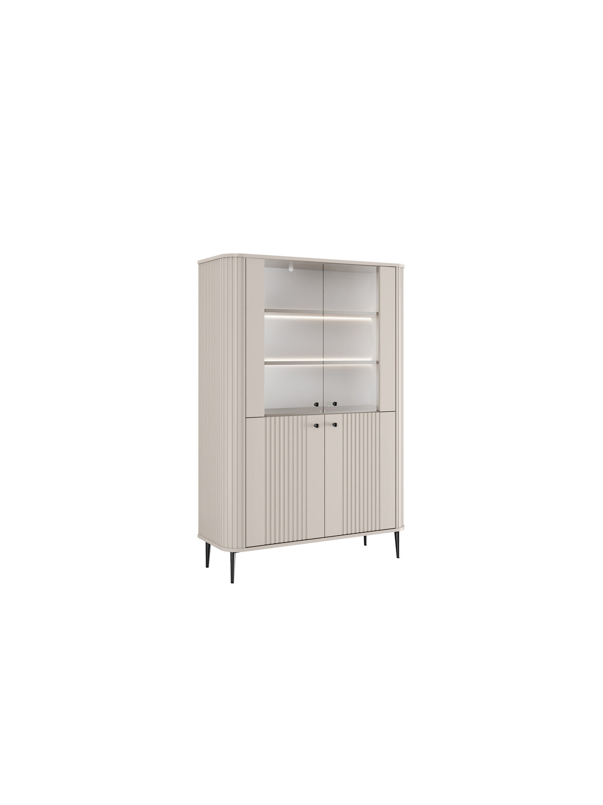 Vitrină Vesper 103 cm cu patru uși, culoare cashmere, picioare negre, fronturi canelate