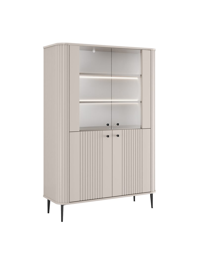 Vitrină Vesper 103 cm cu patru uși, culoare cashmere, picioare negre, fronturi canelate