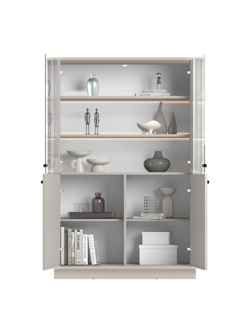 Vitrină Vesper 103 cm patru uși casmir cu mânere negre și iluminare