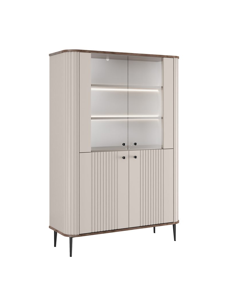 Vitrină Vesper 103 cm casmir cu blat nuc și picioare negre, cu patru uși