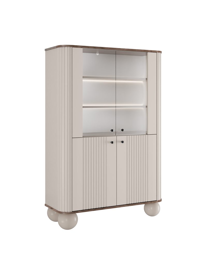 Vitrină Vesper 103 cm cu patru uși, culoare cașmir cu blat nuc și mânere negre
