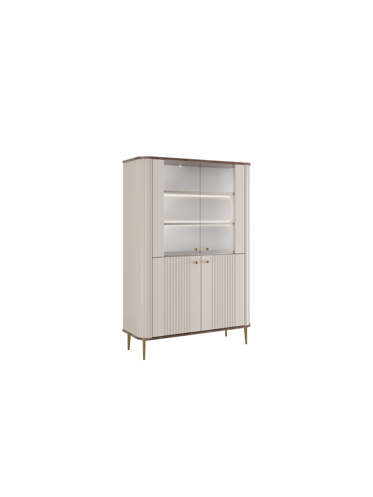 Vitrină Vesper 103 cm cu patru uși kasmir cu blat nuc și picioare aurii