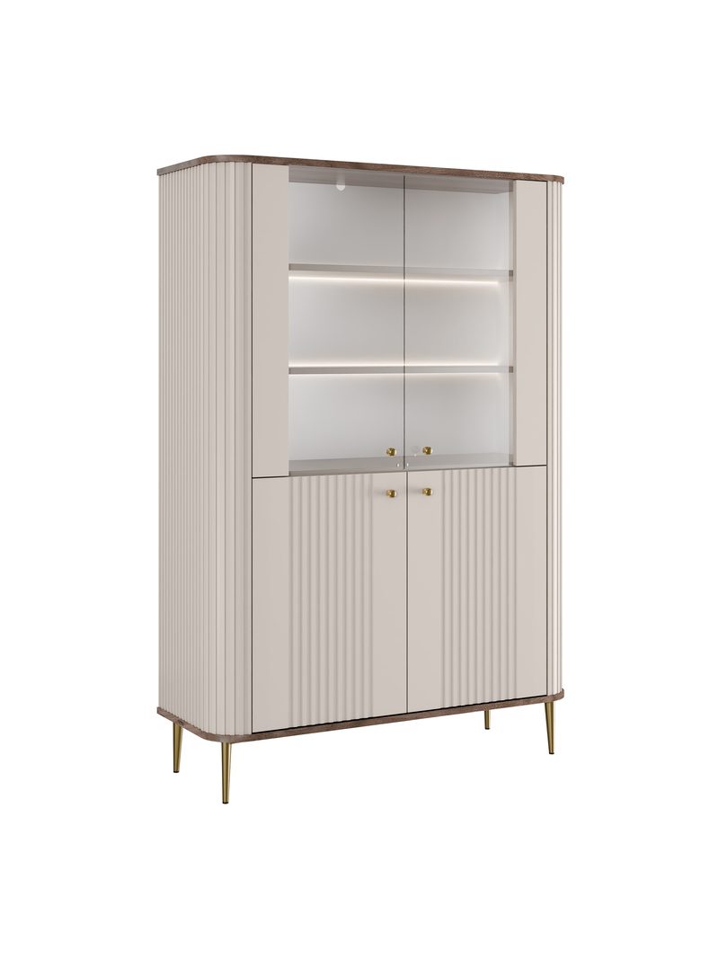 Vitrină Vesper 103 cm cu patru uși kasmir cu blat nuc și picioare aurii