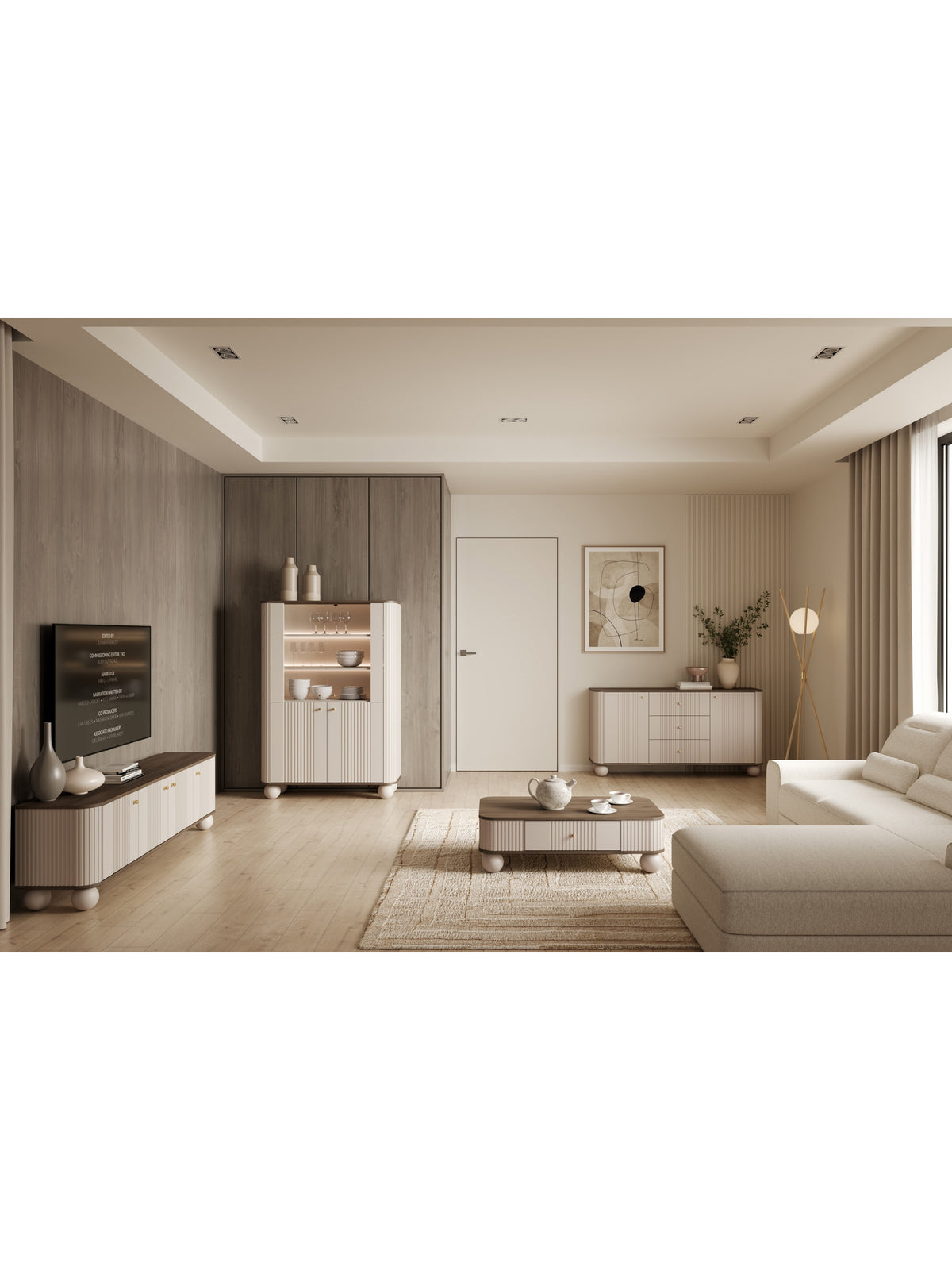 Vitrină Vesper 103 cm cu patru uși, finisaj cashmere cu blat nuc și mânere aurii, vedere frontală