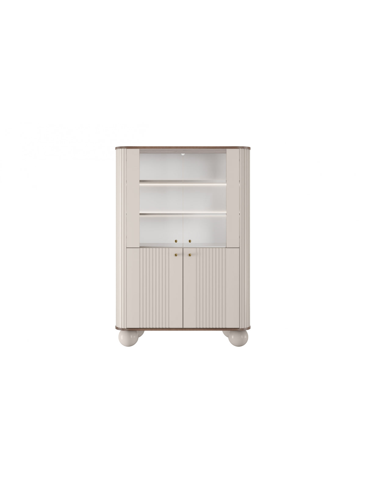 Vitrină Vesper 103 cm cu patru uși, culoare cașmir, fronturi cu caneluri și mânere aurii