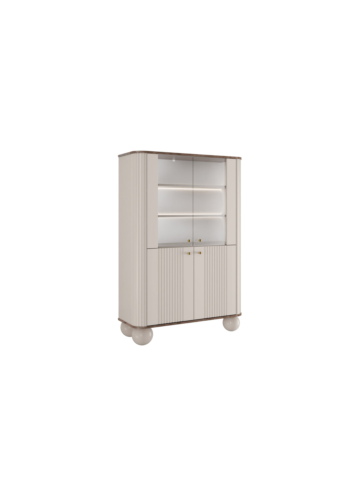 Vitrină Vesper 103 cm cu patru uși, culoare cașmir cu blat nuc și mânere aurii