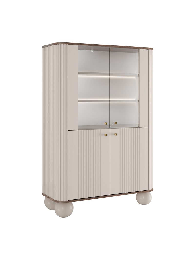 Vitrină Vesper 103 cm cu patru uși, culoare cașmir cu blat nuc și mânere aurii