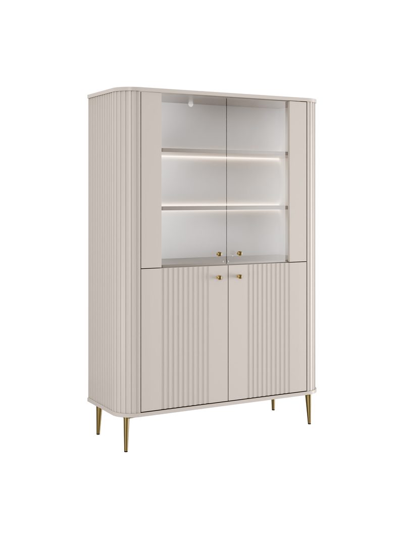 Vitrină Vesper 103 cm cu patru uși casmir cu fronturi canelate și picioare aurii