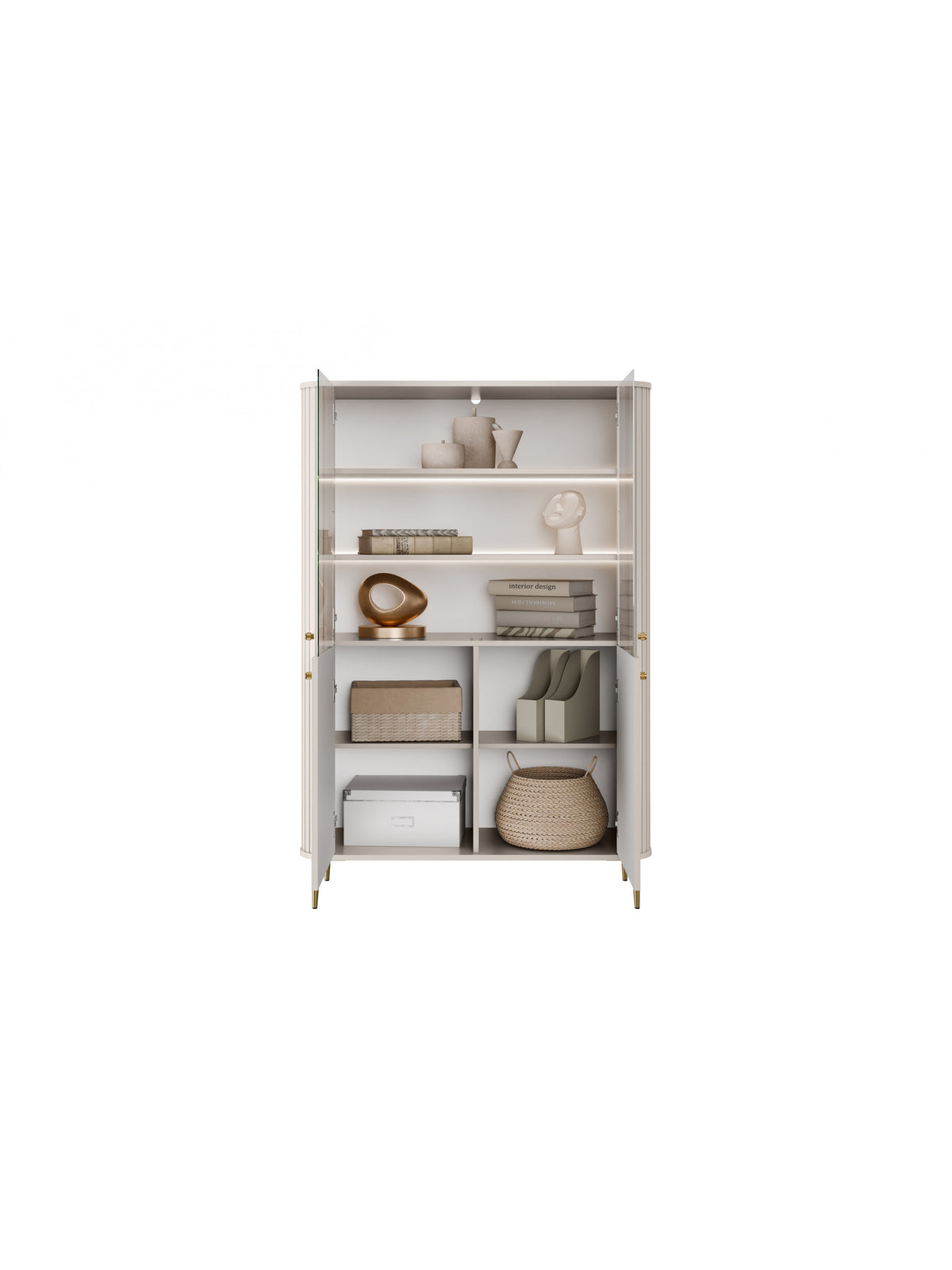 Vitrină Vesper 103 cm casmir cu patru uși și picioare aurii, vedere interior cu rafturi