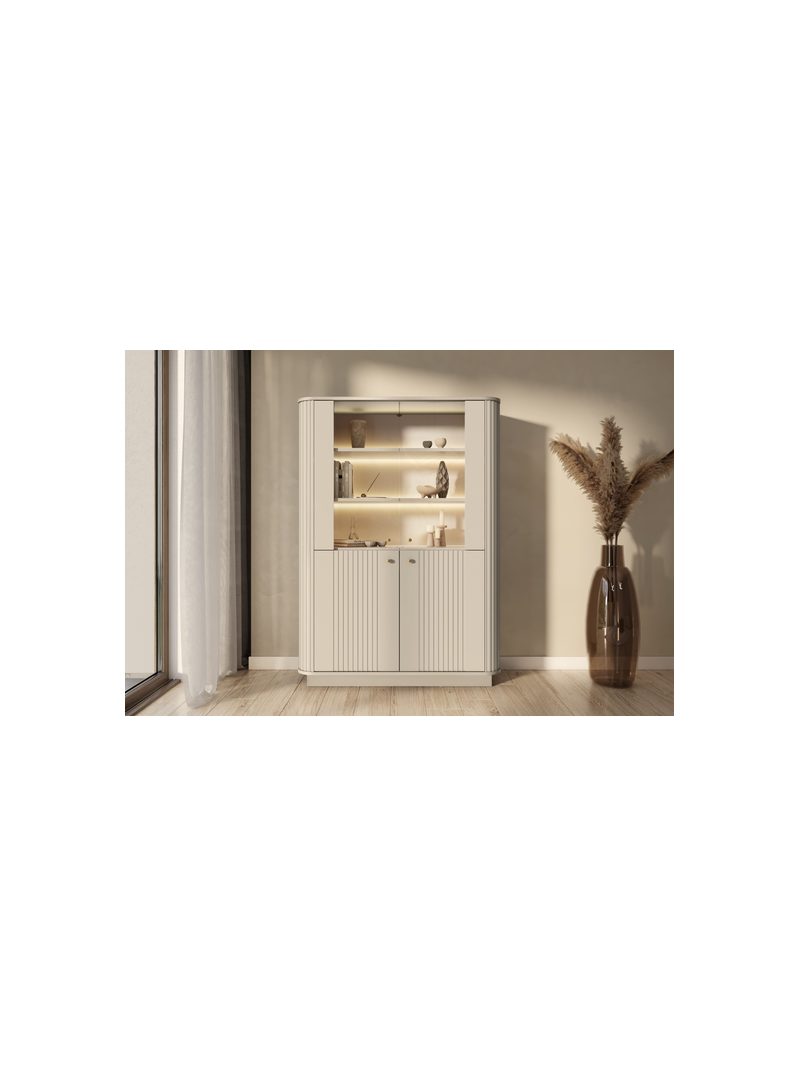 Vitrina Vesper 103 cm cu patru uși în culoarea cașmir, cu fronturi zimțate și mânere aurii