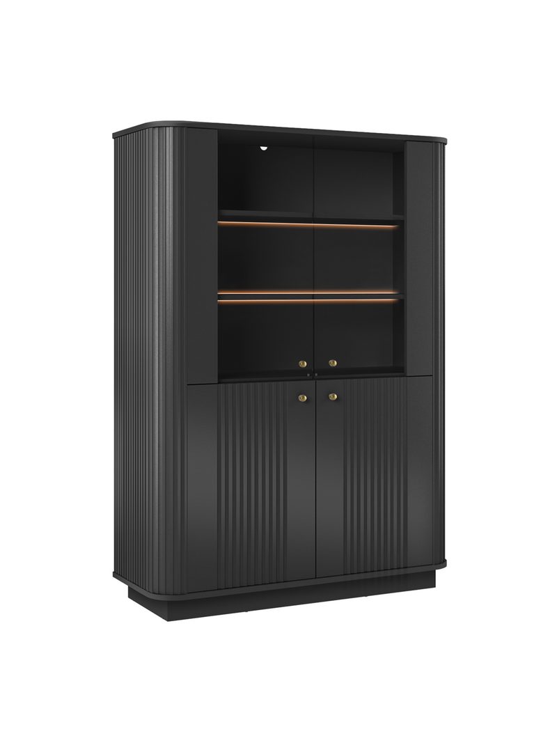 Vitrină Vesper neagră 103 cm cu patru uși și mânere aurii pe soclu