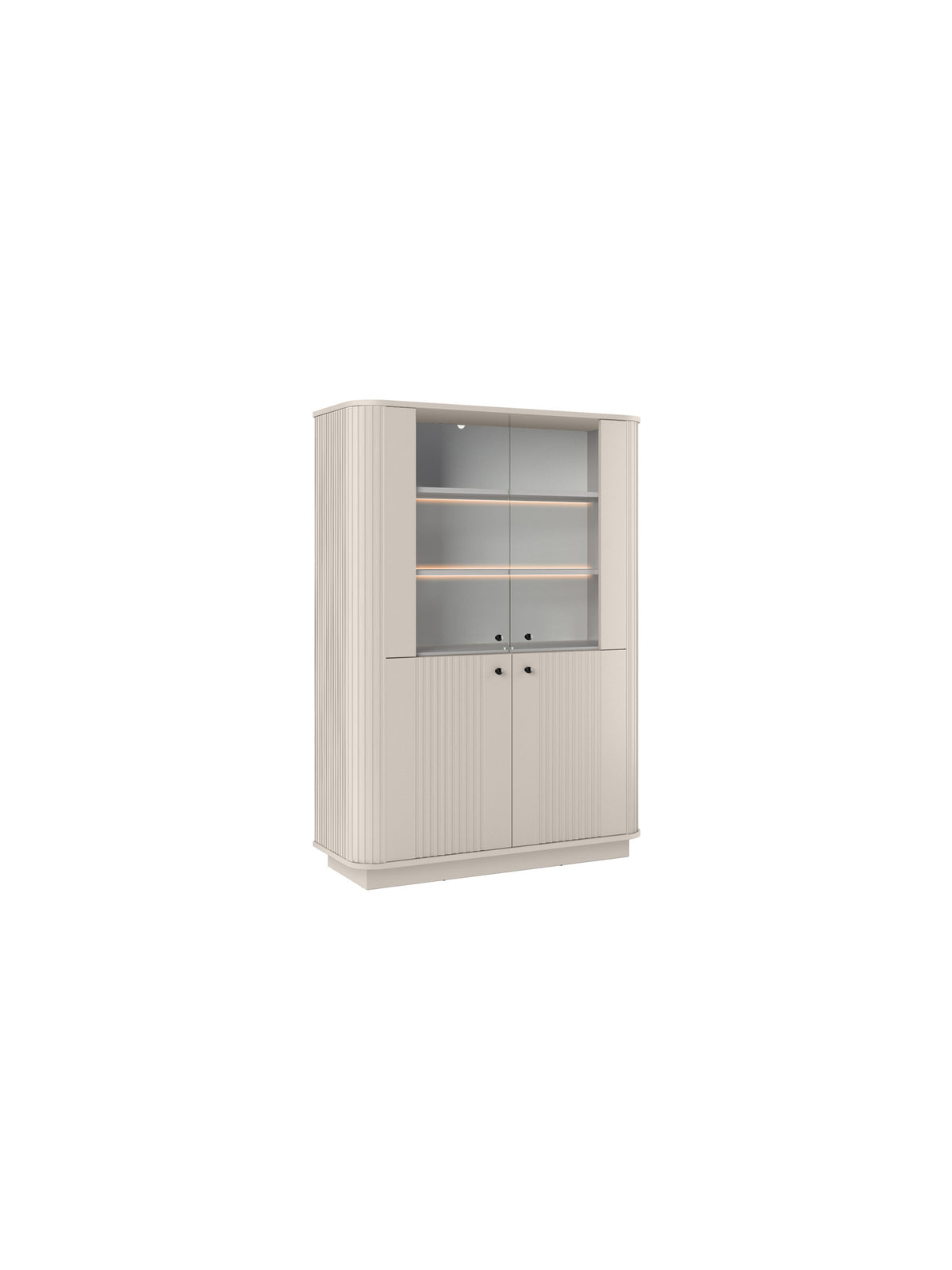 Vitrină Vesper 103 cm cu patru uși pe soclu, culoare cașmir cu mânere negre