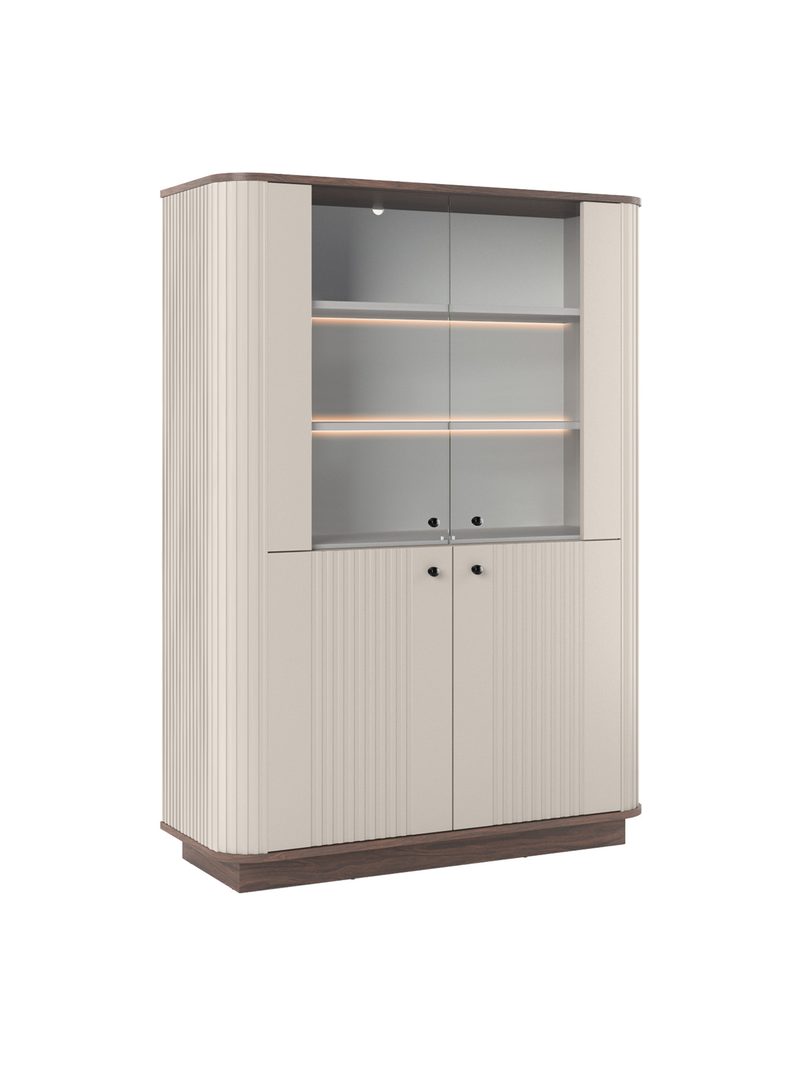 Vitrină Vesper 103 cm cu patru uși în casmir cu blat nuc și mânere negre