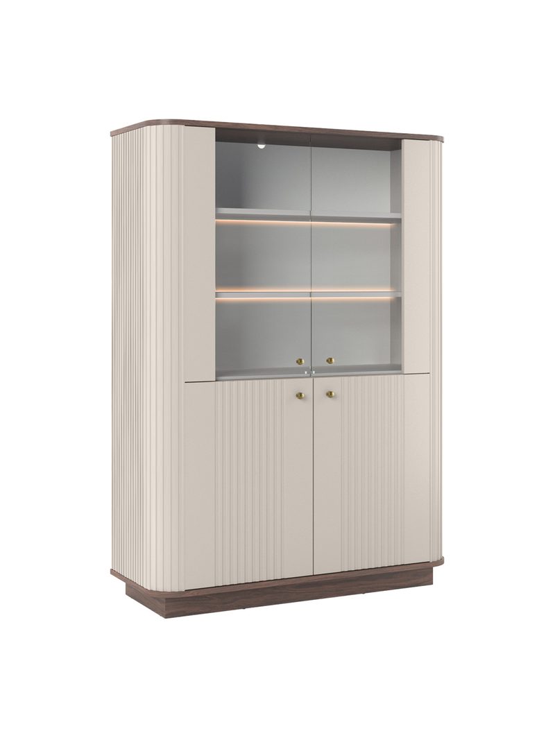 Vitrină Vesper 103 cm cu patru uși, finisaj kasmir cu blat nuc și mânere aurii, vedere frontală