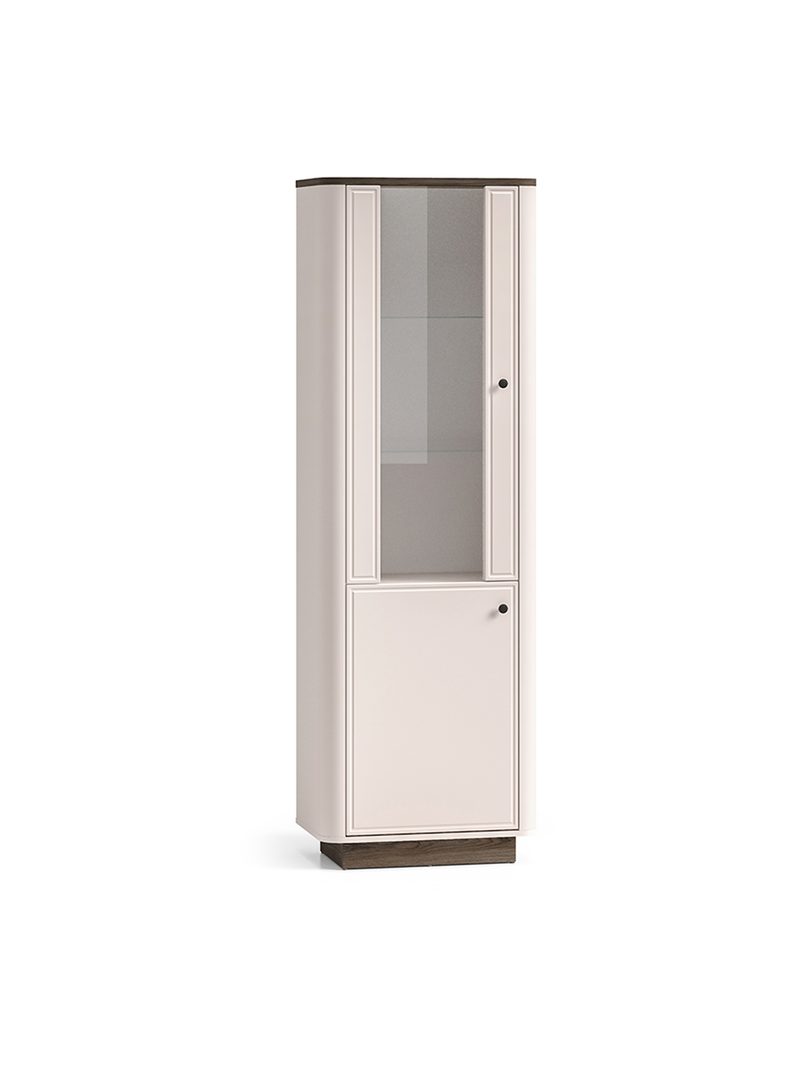 Vitrină înaltă Amberto 65 cm casmir cu stejar windmill dark, 2 uși, 4 rafturi de sticlă