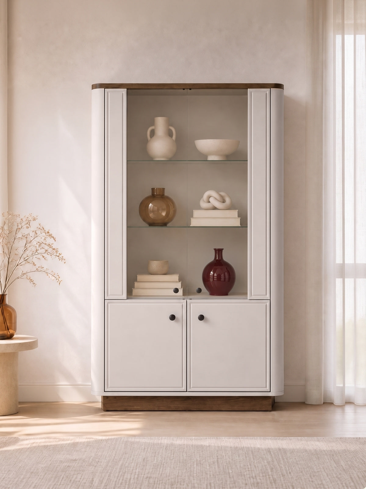 Vitrină înaltă Amberto 92 cm, culoarea kasmir cu bază stejar windmill închis