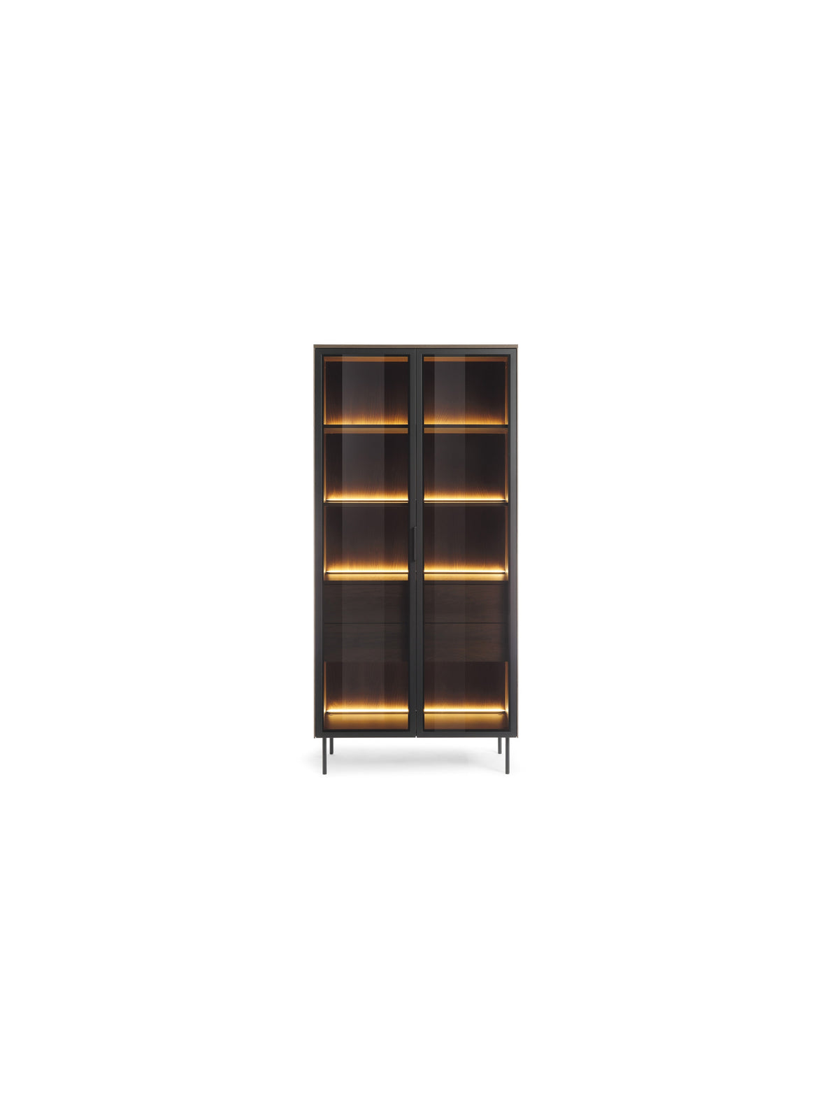 Vitrină înaltă Auri 91 cm cu iluminare LED, front și corp stejar dunin, mânere și picioare negre
