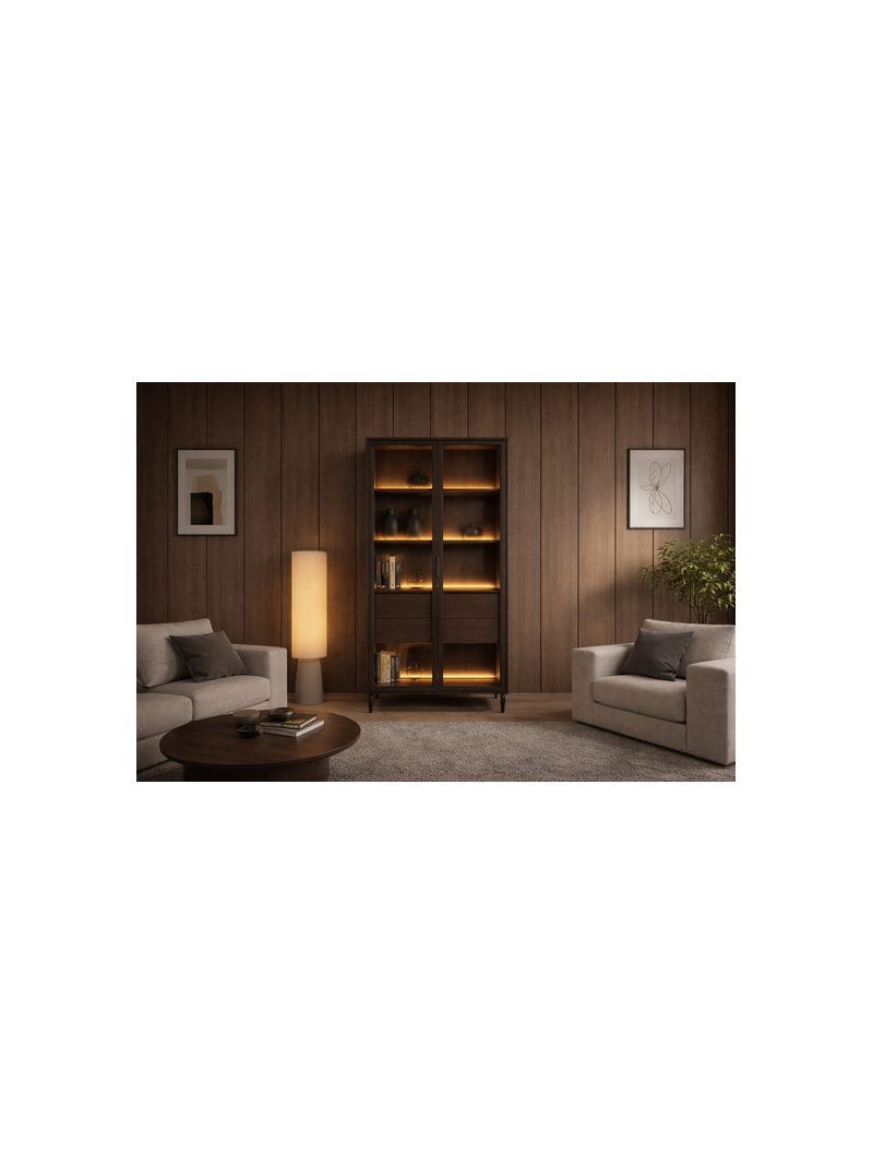 Vitrină înaltă Auri 91 cm stejar dunin cu iluminare LED și elemente metalice negre