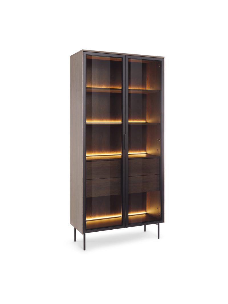 Vitrină înaltă Auri 91 cm culoare stejar dunin cu picioare negre și iluminare LED