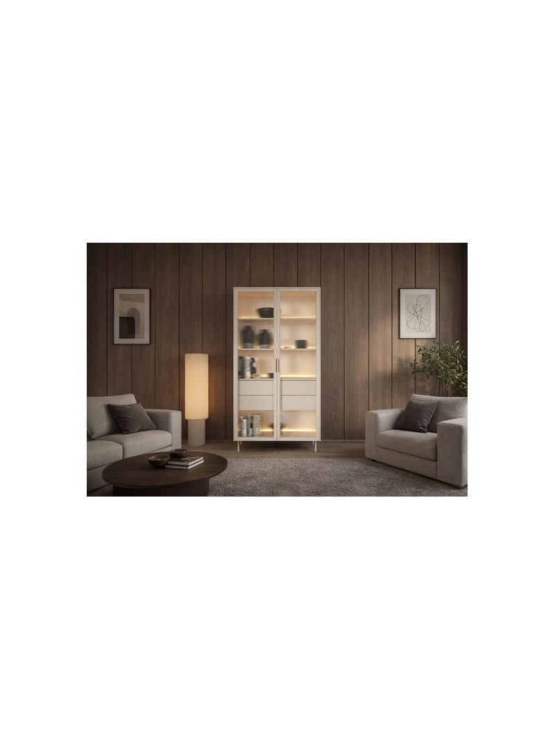 Vitrină înaltă Auri 91 cm culoare cașmir cu iluminare LED și fronturi din sticlă