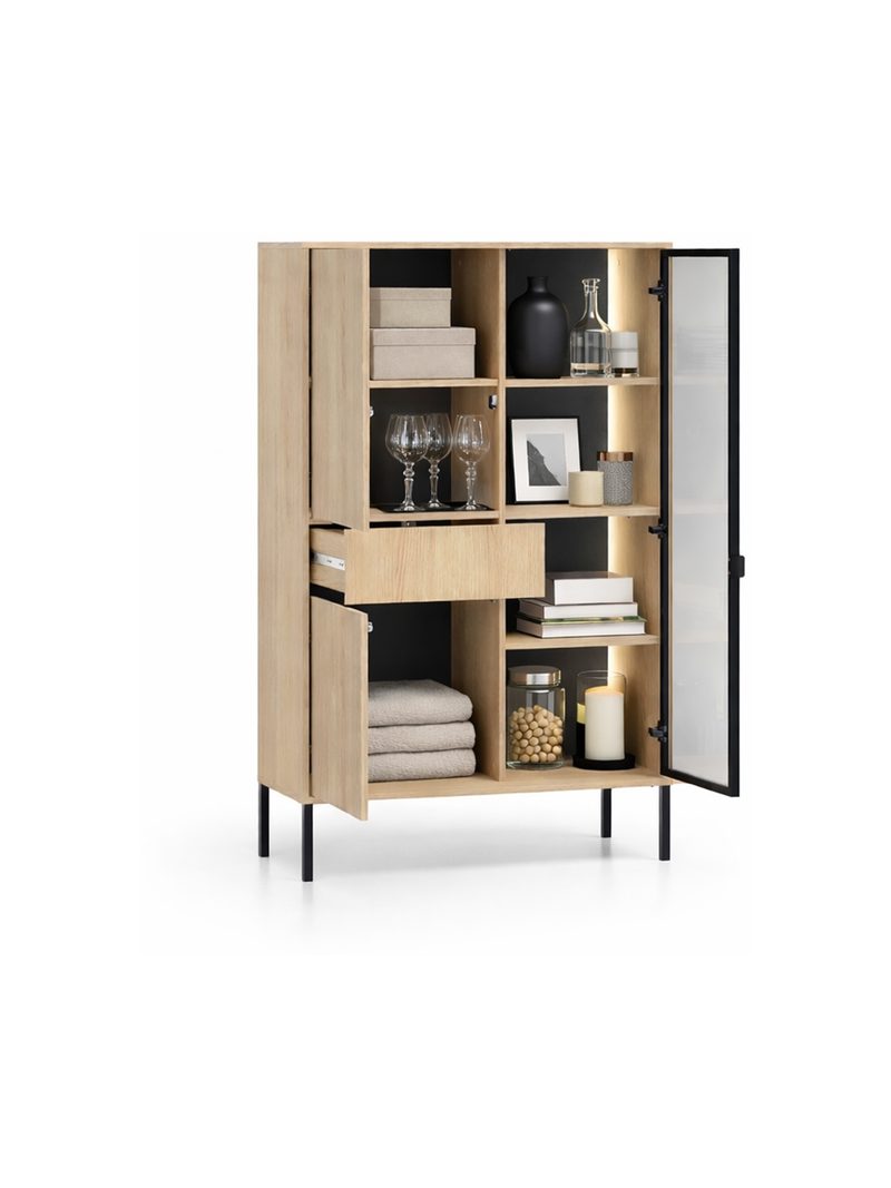 Vitrină înaltă Harmona 92 cm stejar lindberg deschis cu sertar și iluminare LED
