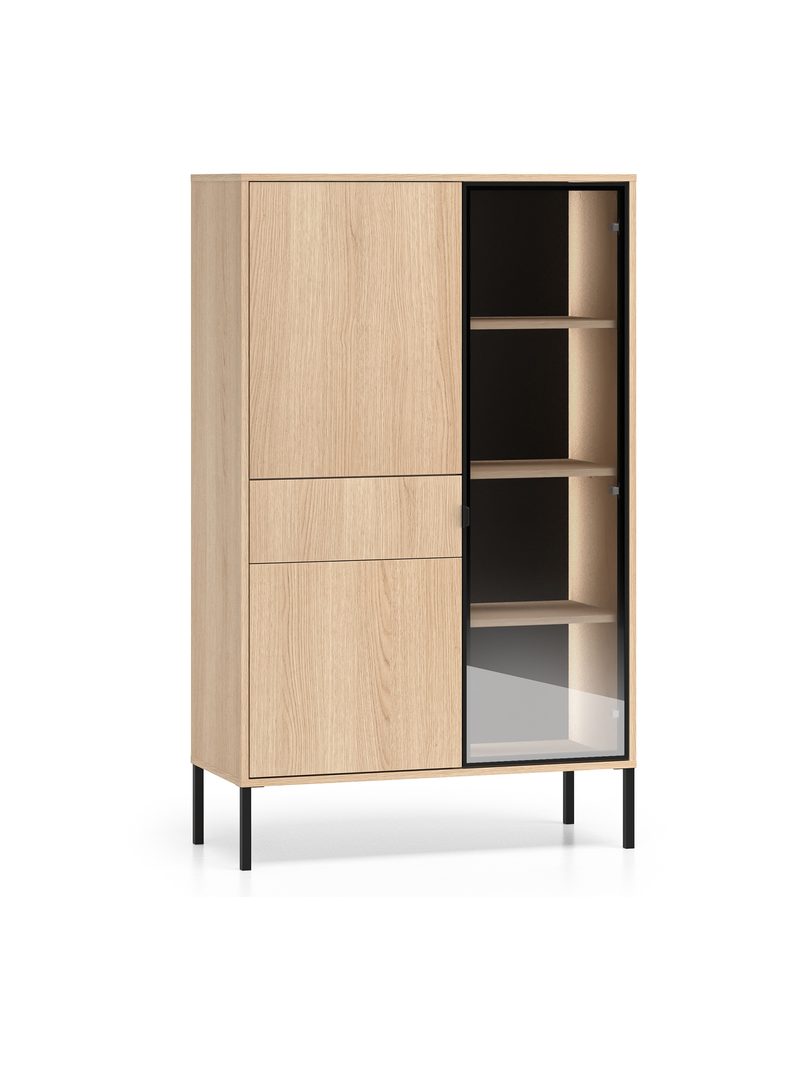 Vitrină înaltă Harmona 92 cm cu sertar, picioare negre, decor stejar lindberg