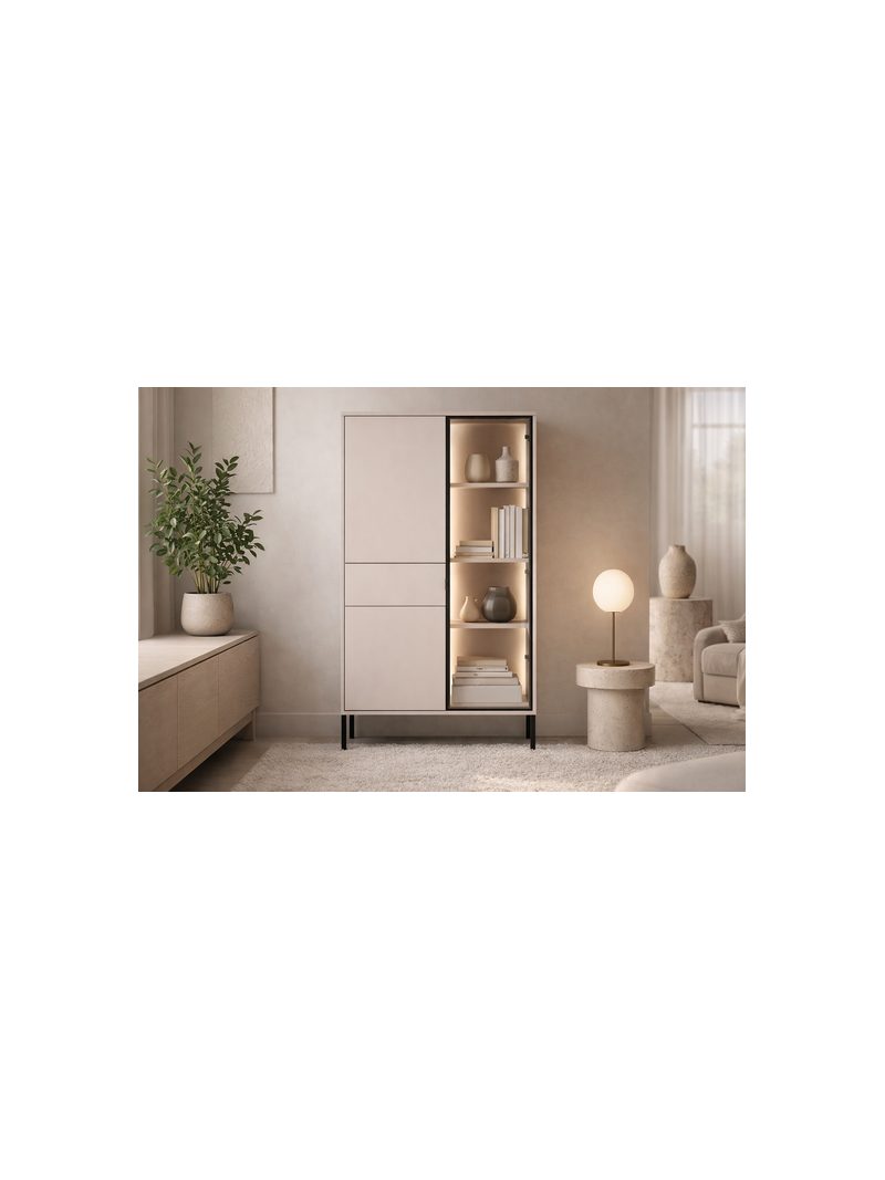 Vitrină înaltă Harmona 92 cm culoare cașmir cu picioare negre și iluminare LED