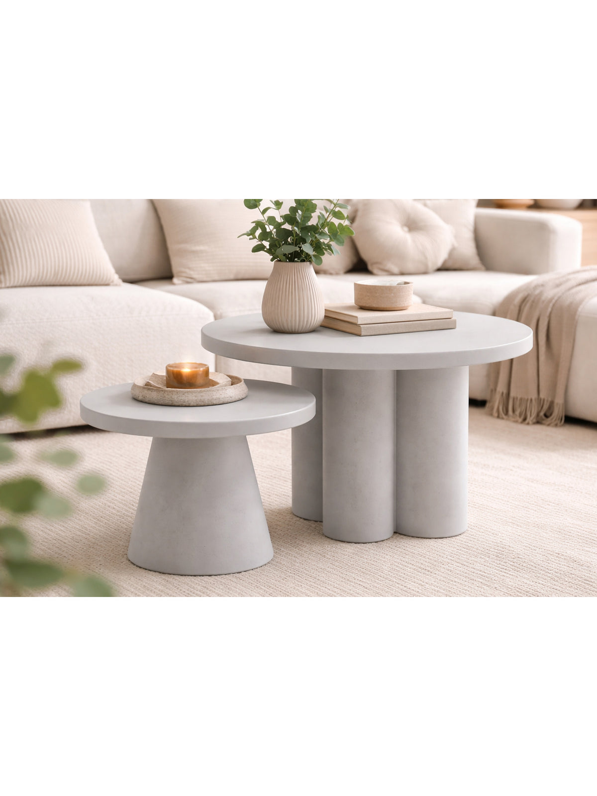 Set de măsuțe de cafea Clav 60 cm și Cylindus 80 cm gri deschis cu blaturi rotunde