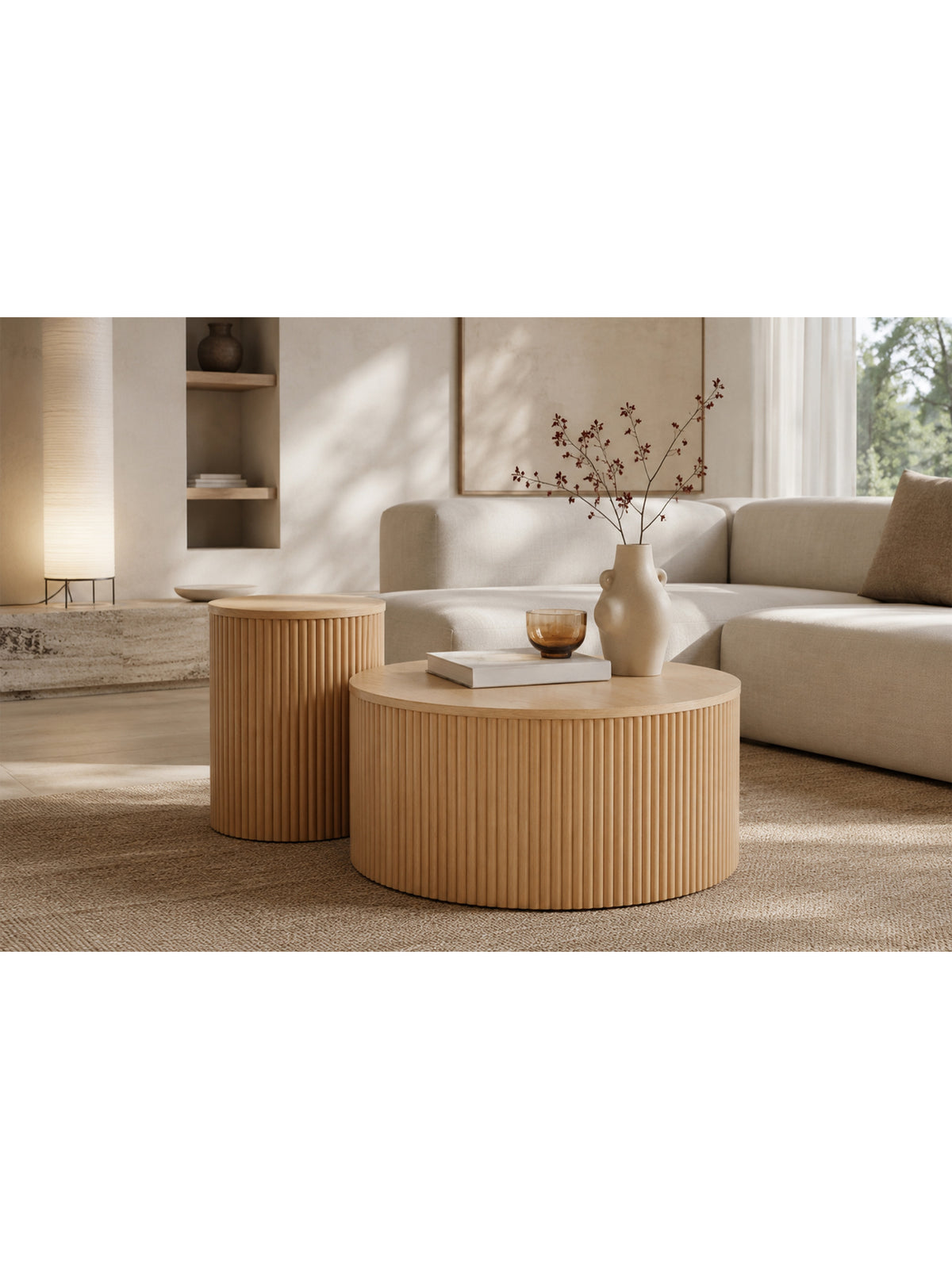 Set de măsuțe de cafea rotunde Tamis 80 și 40 cm culoare naturală lemn