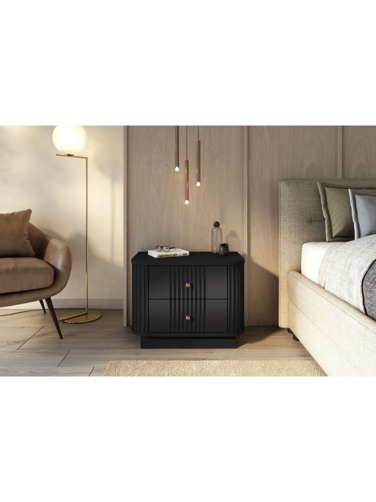 Set 2 noptiere negre ripluite Vesper 56 cm pe soclu, cu mânere aurii