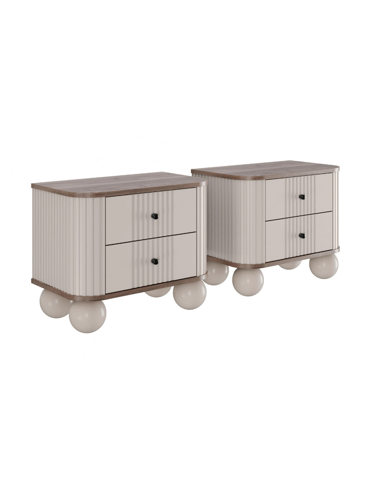 Set noptiere Vesper 56 cm casmir cu blat nuc și mânere negre, fronturi canelate