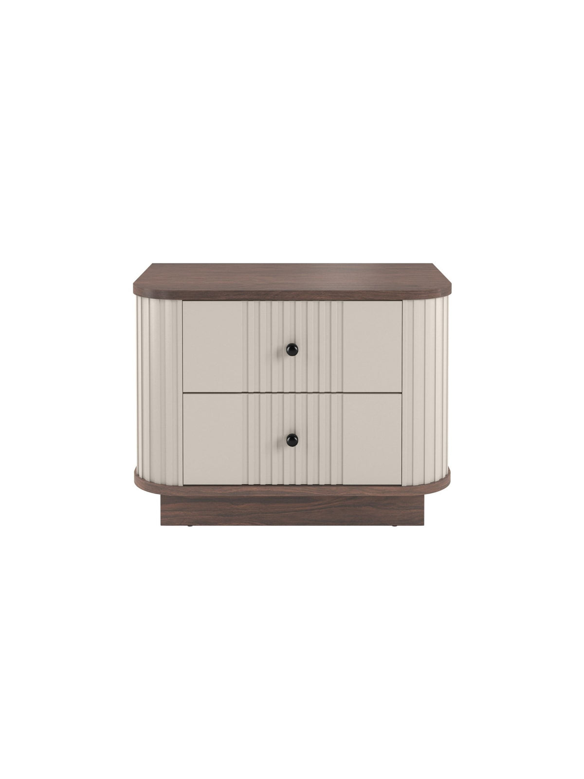 Noptieră Vesper 56 cm cu soclu bej casmir și blat nuc cu mânere negre