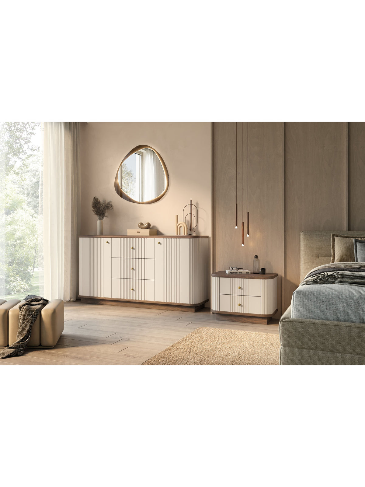 Set noptiere Vesper 56 cm soclu kasmir cu blat nuc și mânere aurii