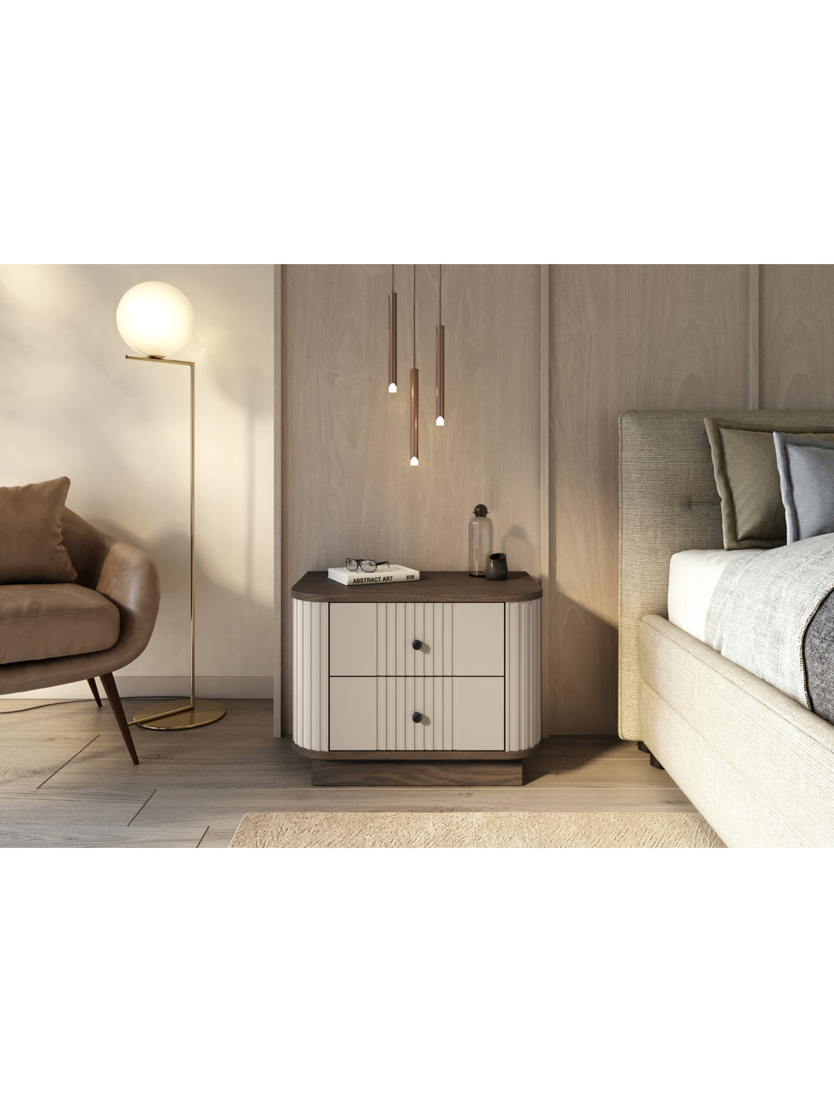 Set noptiere Vesper 56 cm casmir cu blat nuc și mânere negre, vedere frontală